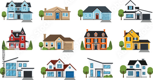 Flat vector illustration set of diverse real estate house collection including modern suburban family homes for architecture property listing and residential neighborhood neighborhood concept.
