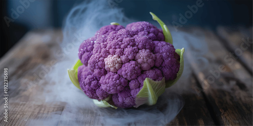 Fresh purple cauliflower on wooden table with smoke around it one vegetable