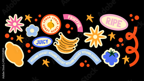 Cartoon doodle Y2K patches and labels in retro 90s style. Funky grunge stickers, stamps and tags with groovy hipster vibe. Vector promo set.