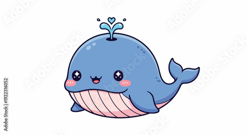 A cute cartoon blue whale with a smiling face and water spraying from its blowhole against a clean white background.