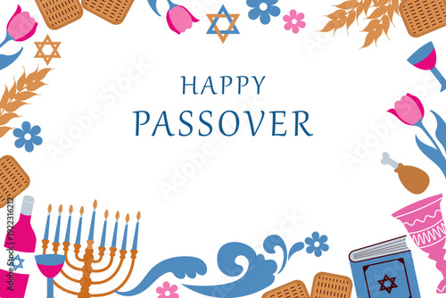 Happy Passover.Background with festive elements and inscription for  Jewish holiday Pesach .