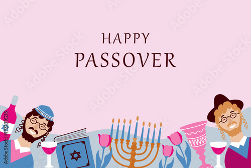 Happy Passover.Background with festive elements and inscription for  Jewish holiday Pesach .