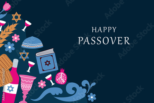 Happy Passover.Background with festive elements and inscription for  Jewish holiday Pesach .