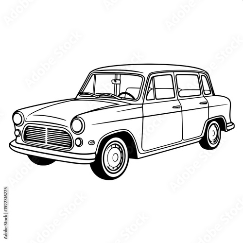 Minimal antique car cutout design, black flat silhouette, detailed wheels and spare tire, old-fashioned touring car profile, isolated white background, CNC laser cut template style