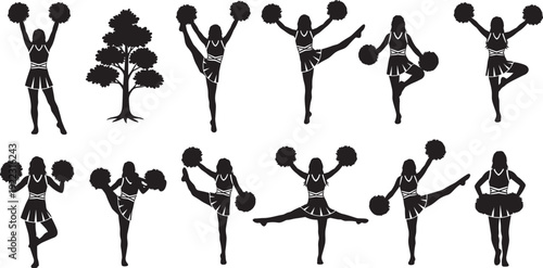 Black cheerleader silhouettes set with pom poms, female dancers performing jumps, kicks, and poses, including a decorative tree for seasonal design.