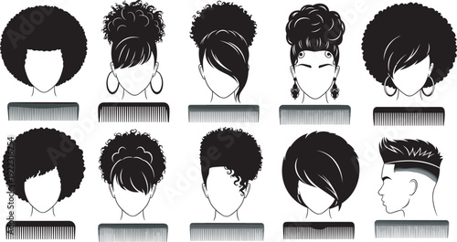 Black hair silhouettes set with afro, curly, and fade styles, featuring combs and various hairstyles for beauty salon branding and design.