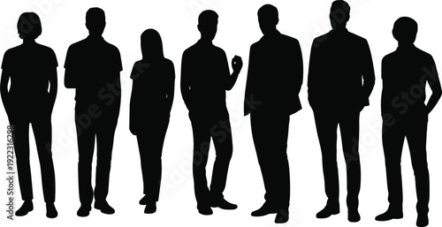 Group silhouettes illustration with diverse standing figures, casual and formal postures, human body language concept, black and white artwork design