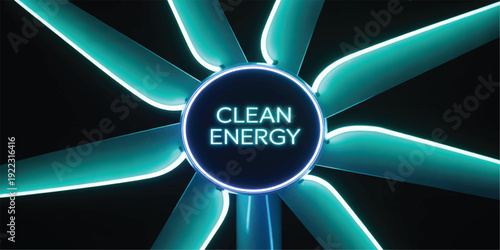 Glowing blue clean energy turbine with lighted blades and neon text  modern technology