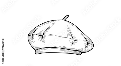 Beret hat line art in black and white illustration