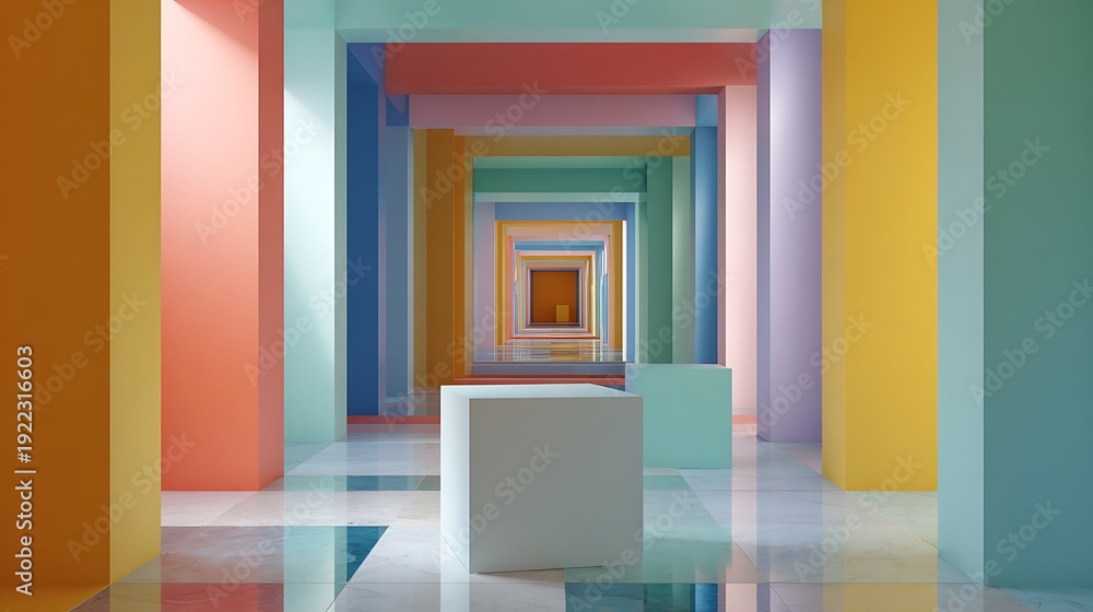 Fototapeta premium Geometric composition showcasing a series of colorful rectangular frames with a marble floor