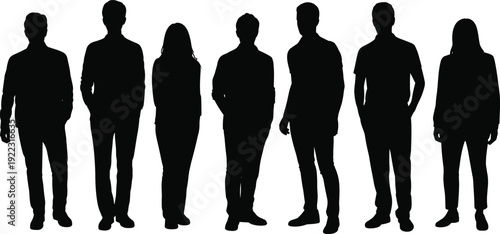 Group silhouettes illustration with diverse standing people, casual and formal postures, social diversity concept, black and white artwork design