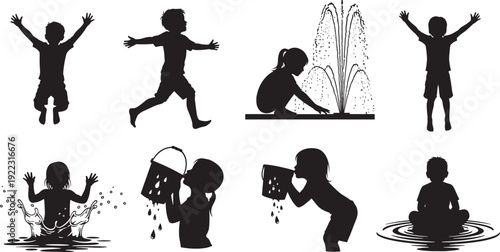 Black silhouettes of children playing in water, jumping, running, splashing in fountain, pouring from buckets, and enjoying outdoor summer fun activities.