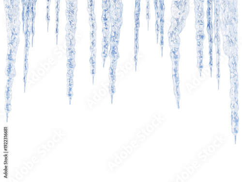Ice stalactites frame - white transparent hanging icicles on blue 3d background. Winter border of icy crystals, frozen water, long sharp stalagmites. Natural pattern horizontal banner