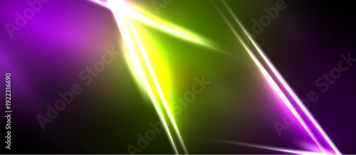 Bright abstract lines intersect. Purple, green, yellow hues dominate dark background. Dynamic energy radiates from central point.
