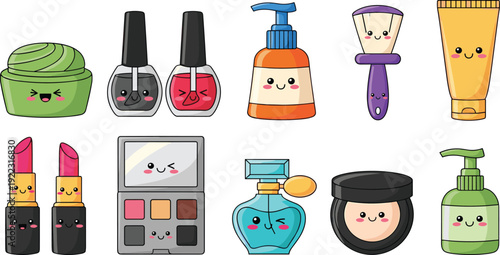Flat vector illustration set of kawaii cute cosmetic makeup characters including lipstick perfume nail polish eyeshadow palette and skincare lotion bottles with funny faces.