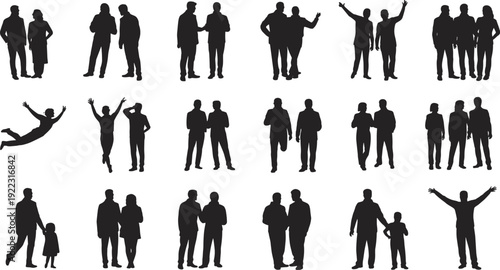Human interaction silhouettes illustration with diverse poses, relationships, body language, social connection concept, black and white artwork design