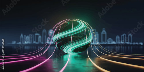 Glowing neon light trails form a swirling sphere in front of a city skyline at night