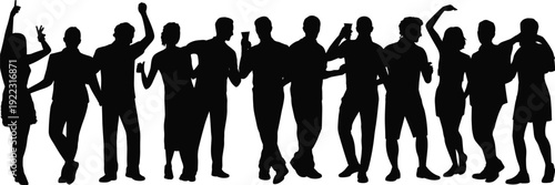 Party silhouettes illustration with diverse people dancing, social gathering, celebration, lively atmosphere concept, black and white artwork design