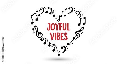 Joyful vibes musical heart illustration with black notes and symbols forming decorative border around red typography on clean white background for design