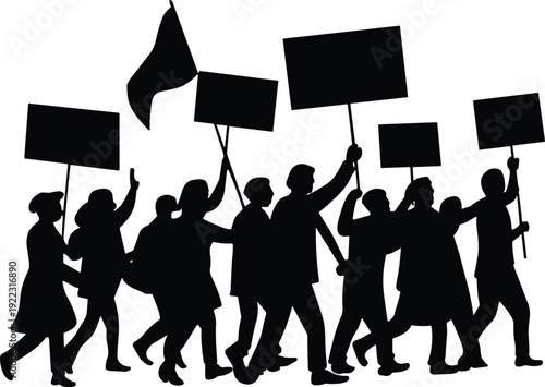 Protest silhouettes illustration with diverse people holding signs, flag, civil activism, collective action concept, black and white artwork design