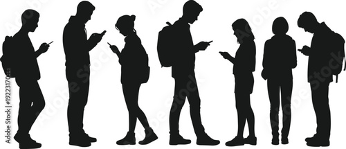 Smartphone user silhouettes illustration with standing figures, backpacks, digital dependence, modern lifestyle, social behavior concept, black and white artwork design