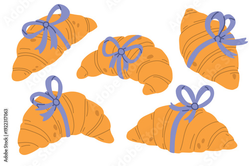 Set of croissants with bows in flat style. Golden baked French pastry isolated on light background. Vector illustration for bakery menu, breakfast design, caf or cafe branding.