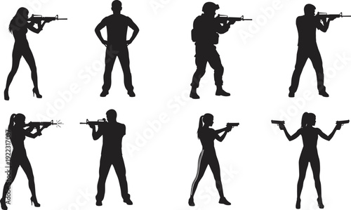 Black silhouettes of men and women in tactical shooting stances, holding rifles and handguns, for military, security, and action themes.