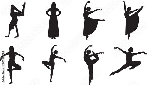 Black silhouettes of female ballet dancers in elegant poses, performing jumps, handstands, splits, and artistic movements, isolated on white background.
