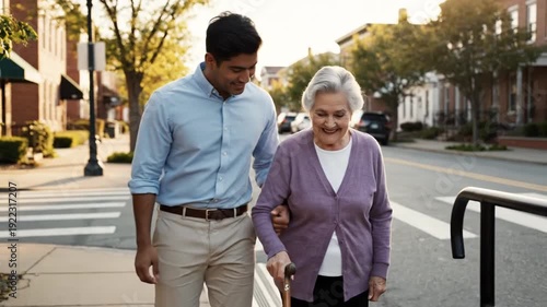 Young man helps elderly woman cross street at sunset
