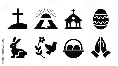 Easter sunday faith silhouette logo pack with cross church egg bunny and dove on white background for spring religious celebrations
