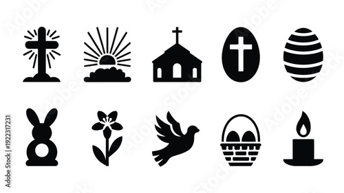 Elegant easter sunday silhouette icons set cross church easter egg bunny dove candle and more for holiday decor and greeting cards