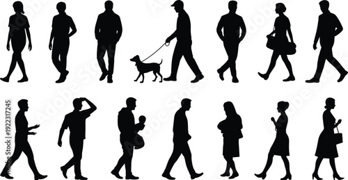 Walking people silhouettes illustration with diverse postures, daily activities, dog walking, parenting concept, black and white artwork design