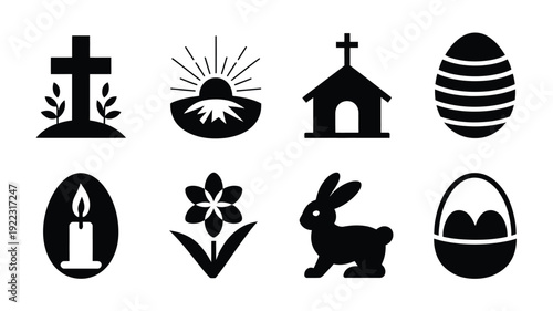 Elegant easter sunday silhouette logo collection with cross egg bunny and church icons on white background for holiday greeting cards and decorations
