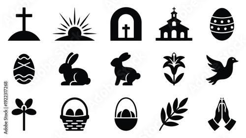 Easter holiday silhouette collection with symbols and icons including bunnies eggs crosses and churches on white background for decoration and celebration
