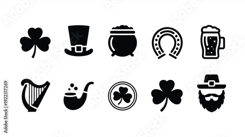 St patrick's day minimalist silhouette icons set shamrocks leprechaun hats pot of gold beer harp and more on white background
