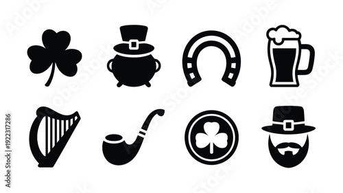 St patrick's day minimalist silhouette icons set clover pot horseshoe beer harp pipe shamrock leprechaun hat on white background