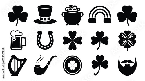 St patrick's day festive silhouette bundle with shamrocks pot of gold rainbow and beer celebrating irish culture and luck