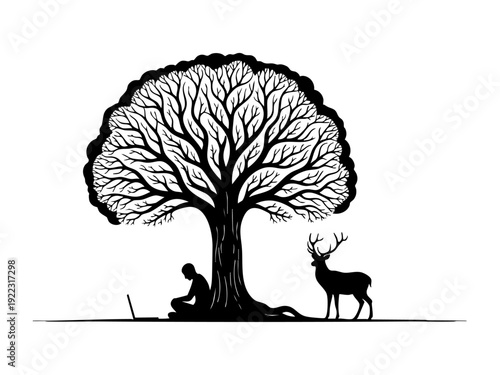 Person sitting under tree with deer in natural outdoor serene environment