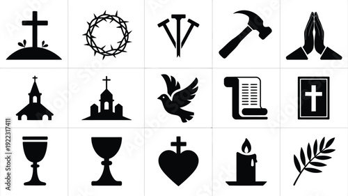 Good friday spiritual symbols and icons bundle christian faith and religion elements easter celebration holy week silhouette illustrations