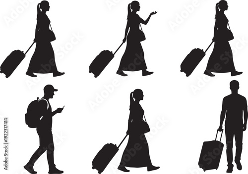 Black silhouettes of travelers pulling suitcases, carrying backpacks, walking with luggage, female tourist in long dress, and man using smartphone.