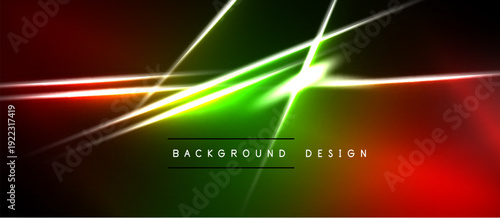 Abstract vibrant design features glowing lines, gradients. Red, green hues dominate dark background. Text reads background design.