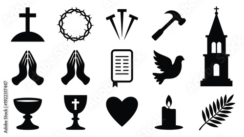 Good friday spiritual symbols and icons bundle religious silhouette collection with cross crown of thorns praying hands dove church heart candle and holy book on white background