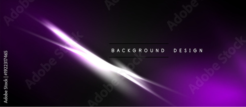 Dark background features bright diagonal light streaks. Purple gradients blend into white, creating dynamic visual effect. Text reads background design.