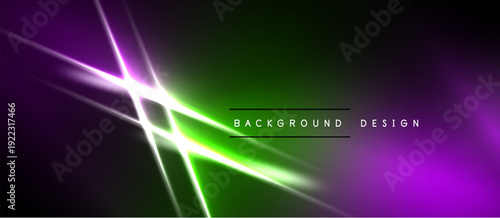 Abstract neon lights create dynamic gradients. Purple, green hues blend with bright white lines, forming futuristic design. Minimalist, modern aesthetic.
