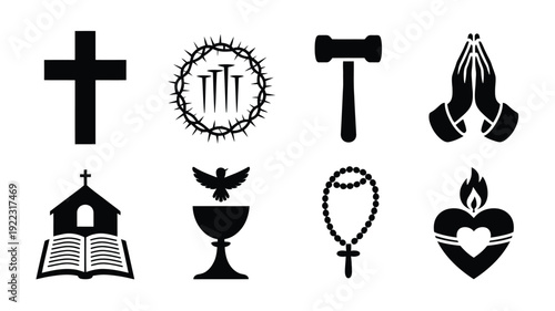 Good friday silhouette logo set including cross crown of thorns prayer hands church holy spirit dove rosary heart flame symbol modern black icons on white background for easter lent