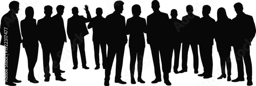 Business group silhouettes illustration with professionals standing, teamwork, collaboration, networking concept, corporate diversity, black and white artwork design