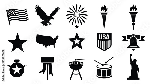 American independence day symbols bundle patriotic icons set with usa flag eagle fireworks torch stars grill drum and freedom elements on white background
