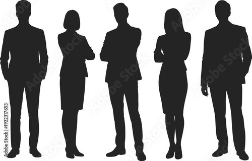 Business silhouettes illustration with diverse professionals standing together, teamwork, corporate unity, workplace diversity concept, black and white artwork design