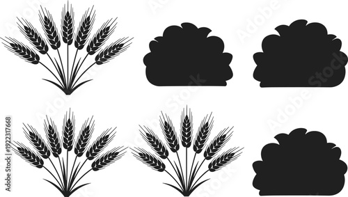 Wheat ear and bush silhouettes collection, agricultural grain and shrub set, black flat vector illustration isolated on white