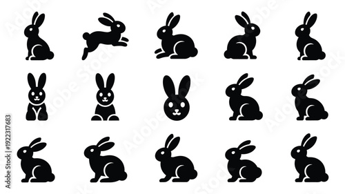 Easter bunny silhouette icon bundle with various poses on white background for spring designs
